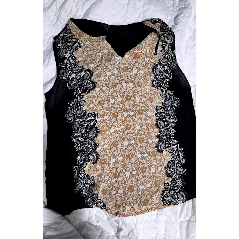 Talbots Petites Womens 8P Black Tan Floral Lace Print V-Neck Sleeveless